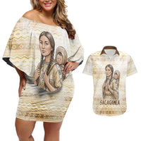Sacagawea Native American Couples Matching Off Shoulder Short Dress and Hawaiian Shirt River Journey Scene Inspirational Quote Lead with Your Heart - Wonder Print Shop