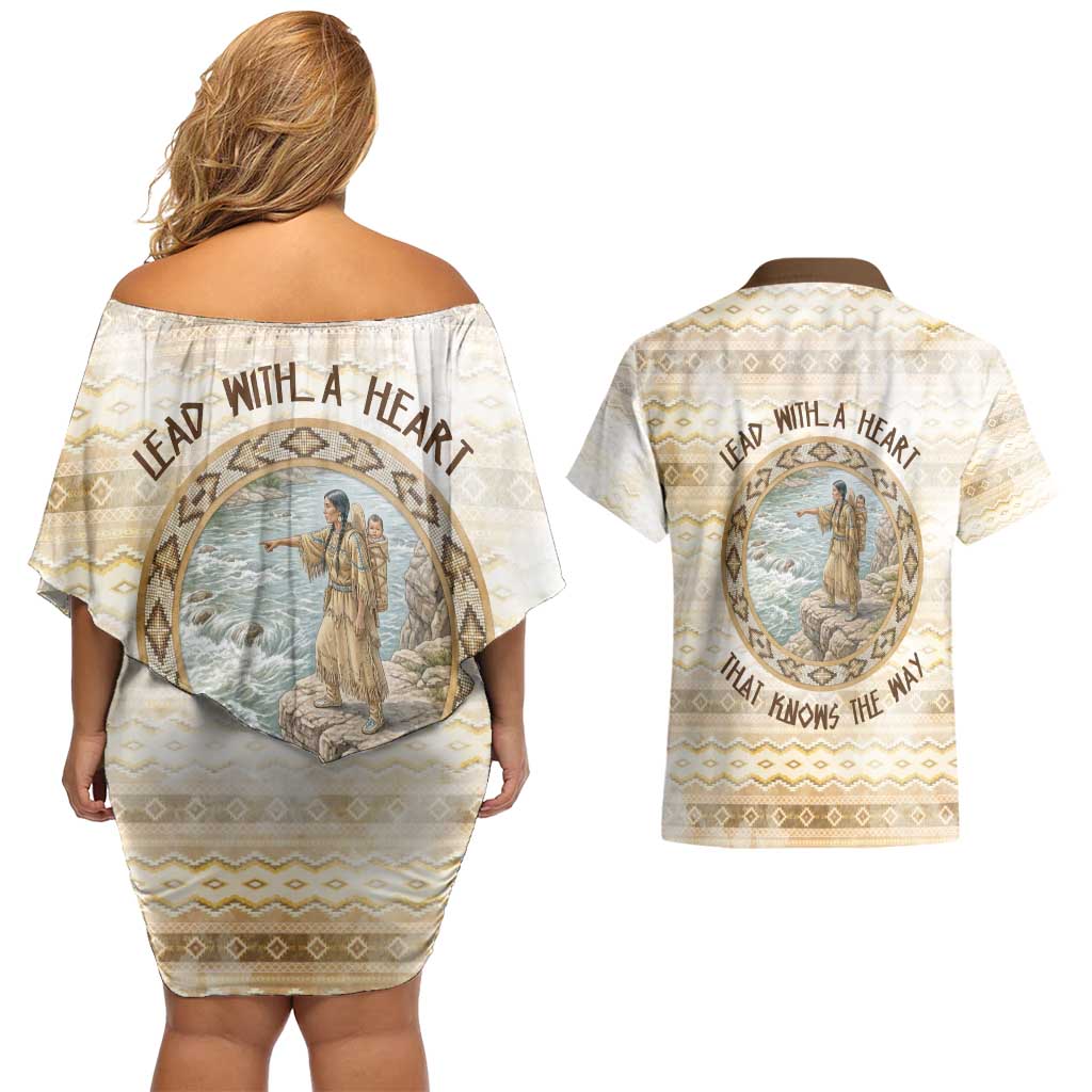 Sacagawea Native American Couples Matching Off Shoulder Short Dress and Hawaiian Shirt River Journey Scene Inspirational Quote Lead with Your Heart - Wonder Print Shop