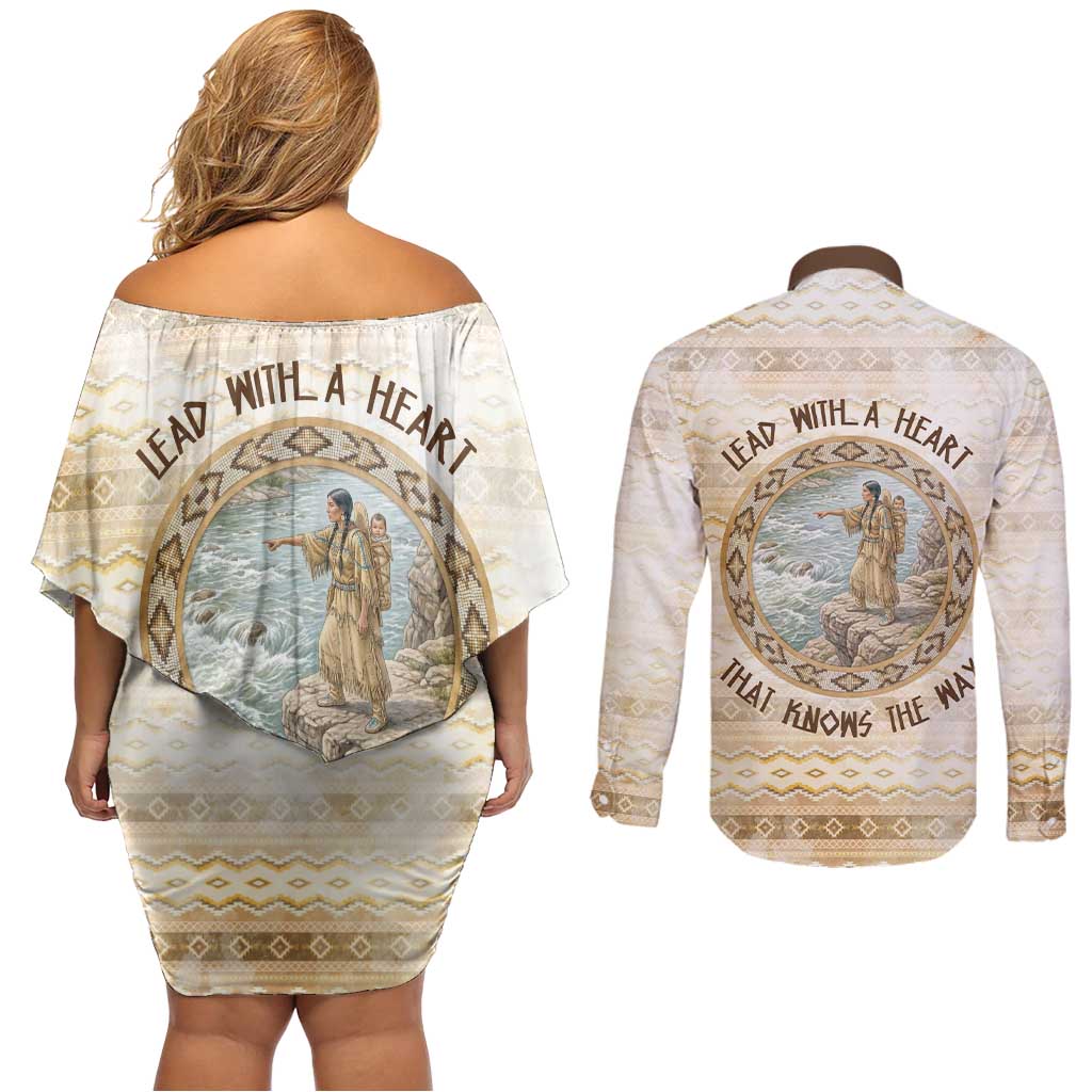 Sacagawea Native American Couples Matching Off Shoulder Short Dress and Long Sleeve Button Shirt River Journey Scene Inspirational Quote Lead with Your Heart - Wonder Print Shop