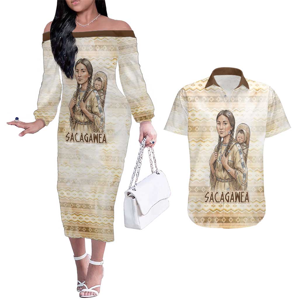 Sacagawea Native American Couples Matching Off The Shoulder Long Sleeve Dress and Hawaiian Shirt River Journey Scene Inspirational Quote Lead with Your Heart - Wonder Print Shop