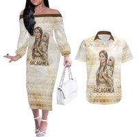 Sacagawea Native American Couples Matching Off The Shoulder Long Sleeve Dress and Hawaiian Shirt River Journey Scene Inspirational Quote Lead with Your Heart - Wonder Print Shop