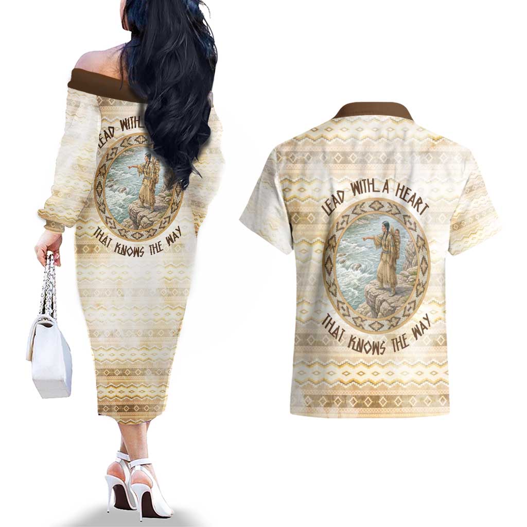 Sacagawea Native American Couples Matching Off The Shoulder Long Sleeve Dress and Hawaiian Shirt River Journey Scene Inspirational Quote Lead with Your Heart - Wonder Print Shop