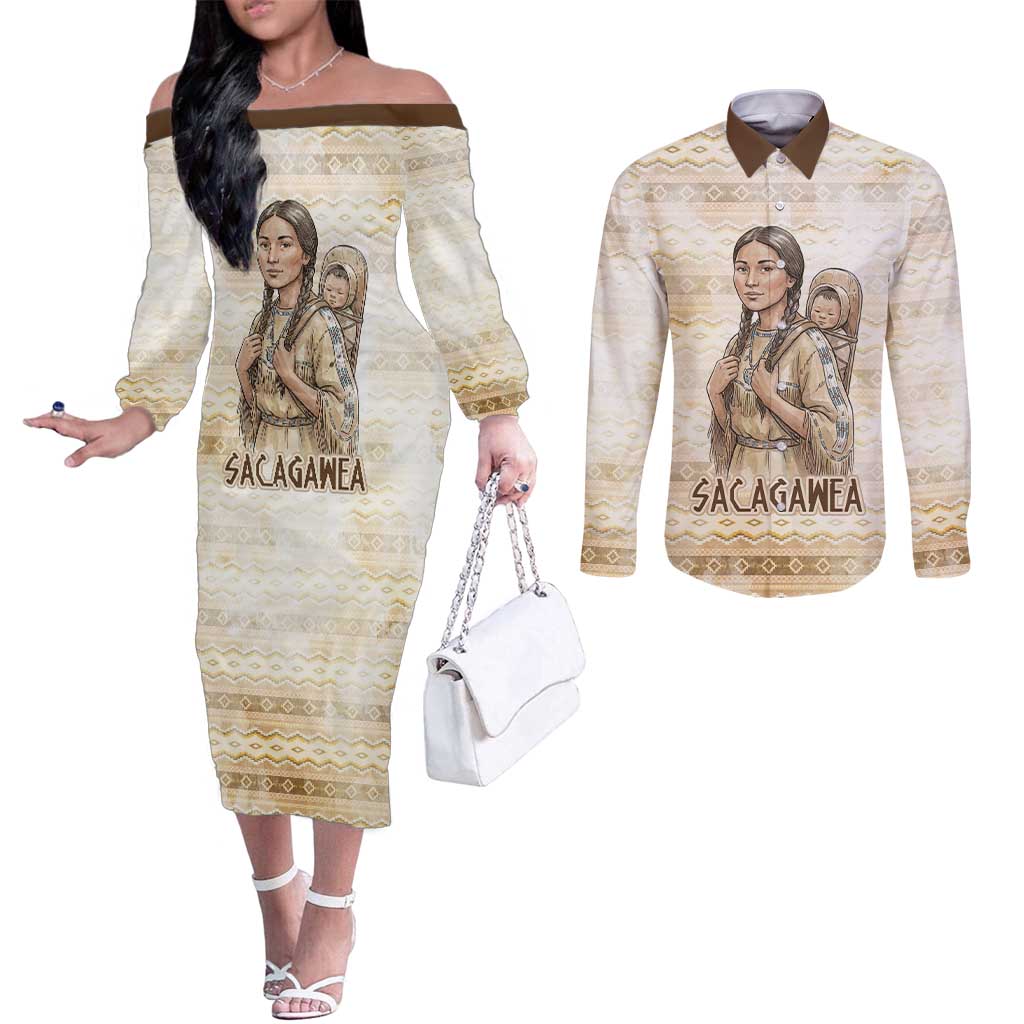 Sacagawea Native American Couples Matching Off The Shoulder Long Sleeve Dress and Long Sleeve Button Shirt River Journey Scene Inspirational Quote Lead with Your Heart - Wonder Print Shop