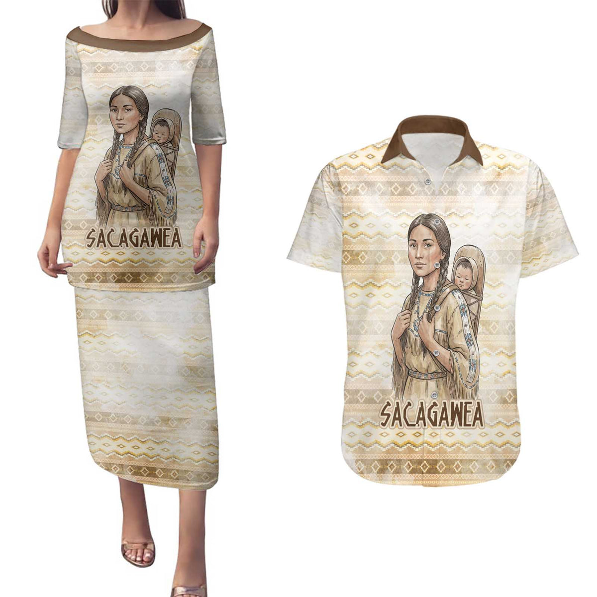Sacagawea Native American Couples Matching Puletasi and Hawaiian Shirt River Journey Scene Inspirational Quote Lead with Your Heart - Wonder Print Shop