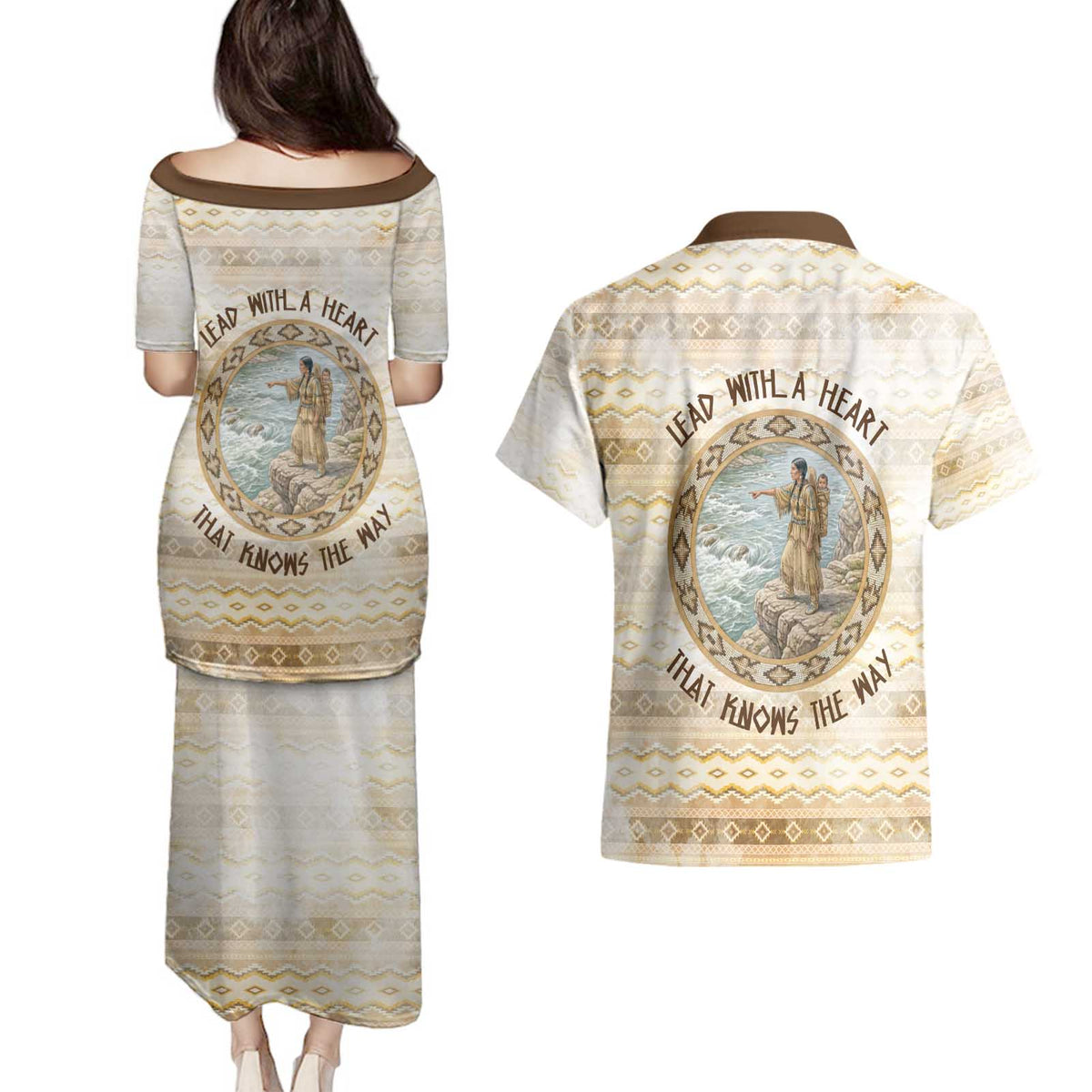 Sacagawea Native American Couples Matching Puletasi and Hawaiian Shirt River Journey Scene Inspirational Quote Lead with Your Heart - Wonder Print Shop