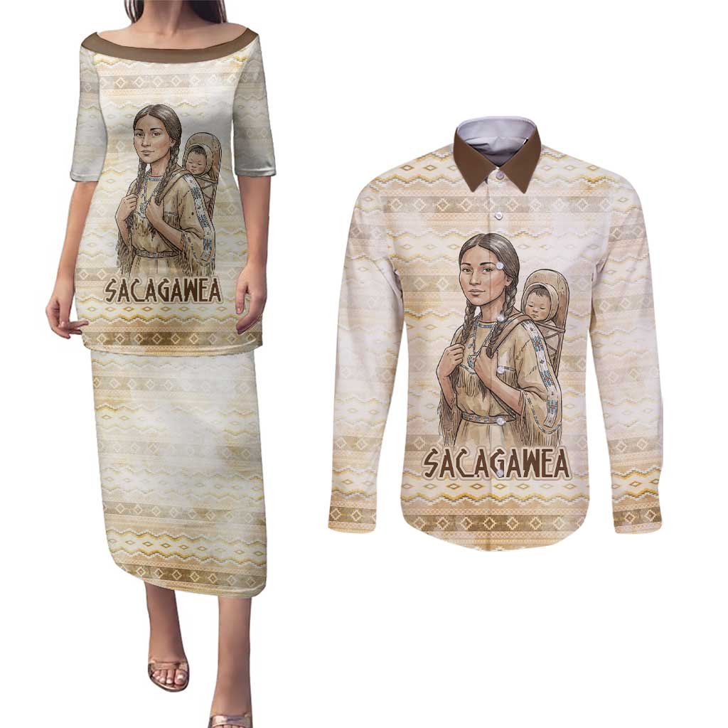 Sacagawea Native American Couples Matching Puletasi and Long Sleeve Button Shirt River Journey Scene Inspirational Quote Lead with Your Heart - Wonder Print Shop