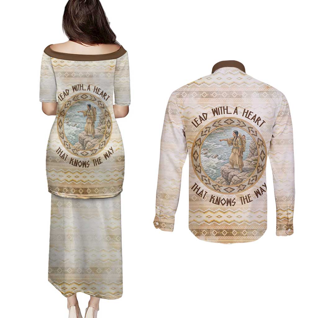 Sacagawea Native American Couples Matching Puletasi and Long Sleeve Button Shirt River Journey Scene Inspirational Quote Lead with Your Heart - Wonder Print Shop