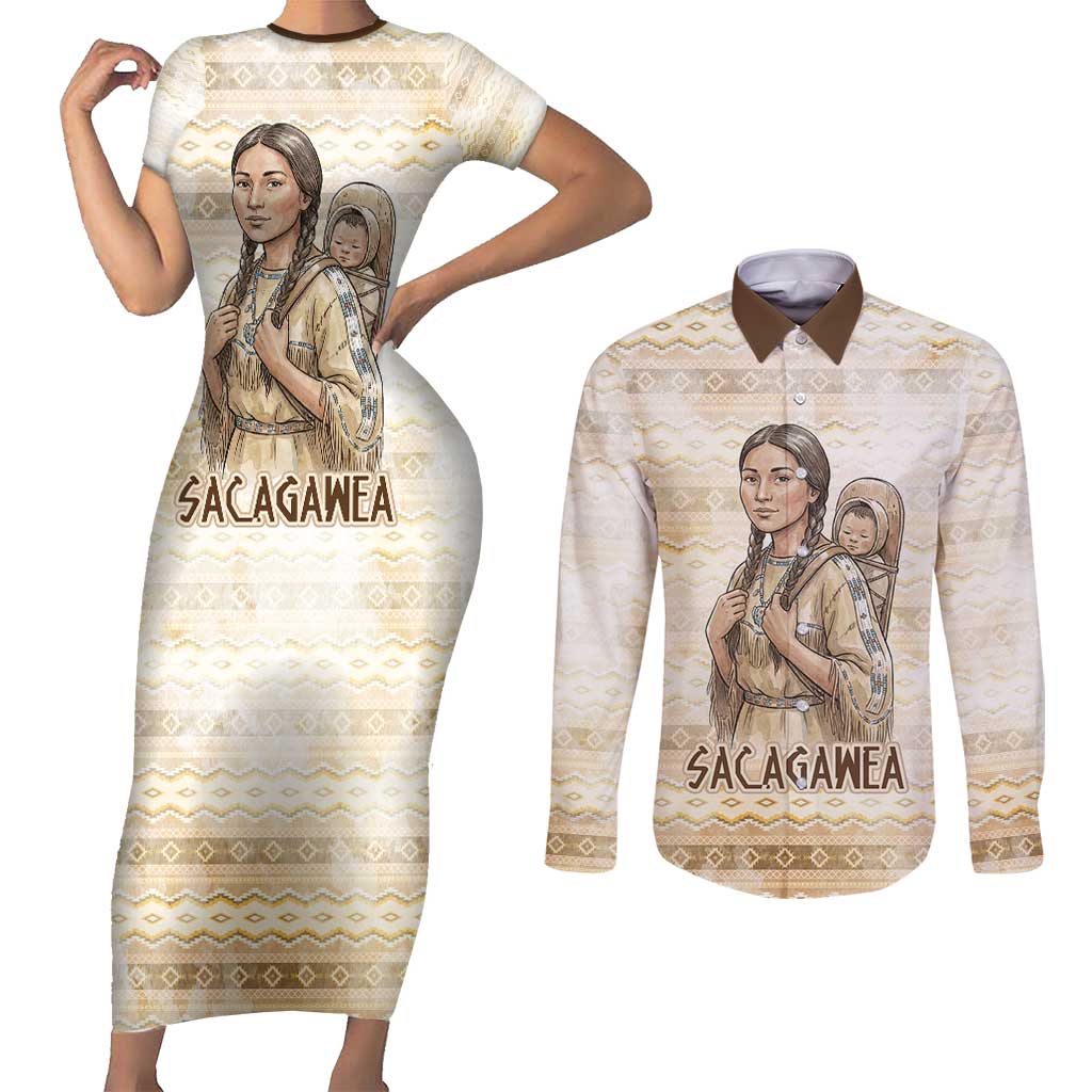 Sacagawea Native American Couples Matching Short Sleeve Bodycon Dress and Long Sleeve Button Shirt River Journey Scene Inspirational Quote Lead with Your Heart - Wonder Print Shop