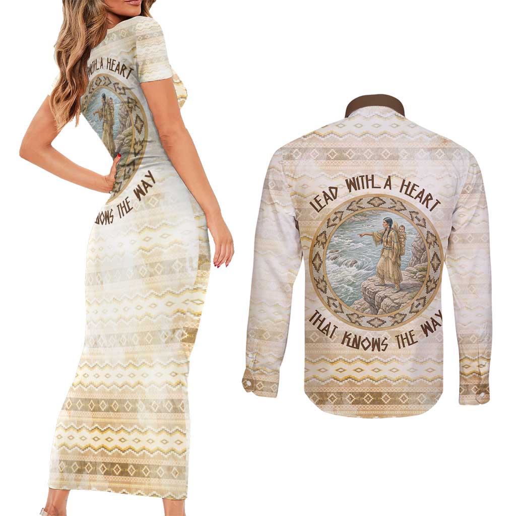 Sacagawea Native American Couples Matching Short Sleeve Bodycon Dress and Long Sleeve Button Shirt River Journey Scene Inspirational Quote Lead with Your Heart - Wonder Print Shop