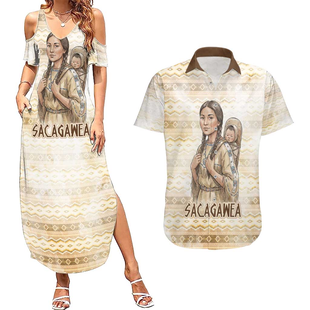 Sacagawea Native American Couples Matching Summer Maxi Dress and Hawaiian Shirt River Journey Scene Inspirational Quote Lead with Your Heart - Wonder Print Shop