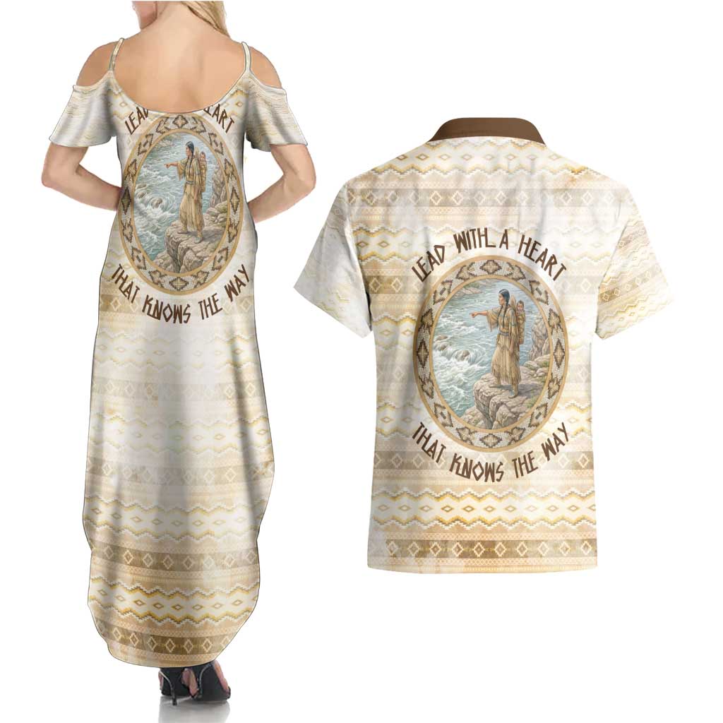 Sacagawea Native American Couples Matching Summer Maxi Dress and Hawaiian Shirt River Journey Scene Inspirational Quote Lead with Your Heart - Wonder Print Shop