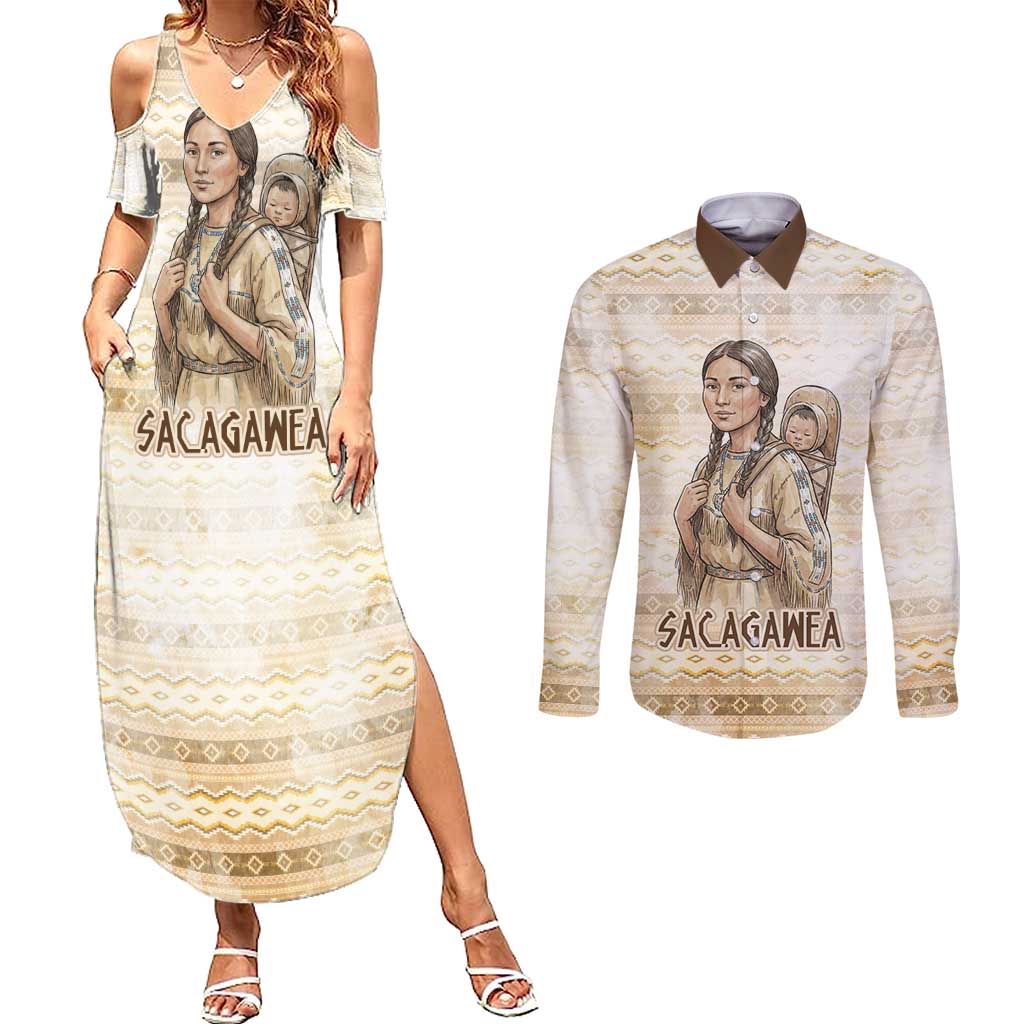 Sacagawea Native American Couples Matching Summer Maxi Dress and Long Sleeve Button Shirt River Journey Scene Inspirational Quote Lead with Your Heart - Wonder Print Shop