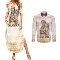 Sacagawea Native American Couples Matching Summer Maxi Dress and Long Sleeve Button Shirt River Journey Scene Inspirational Quote Lead with Your Heart - Wonder Print Shop