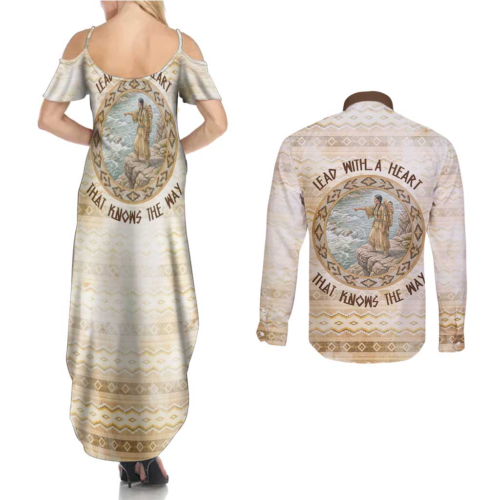 Sacagawea Native American Couples Matching Summer Maxi Dress and Long Sleeve Button Shirt River Journey Scene Inspirational Quote Lead with Your Heart - Wonder Print Shop