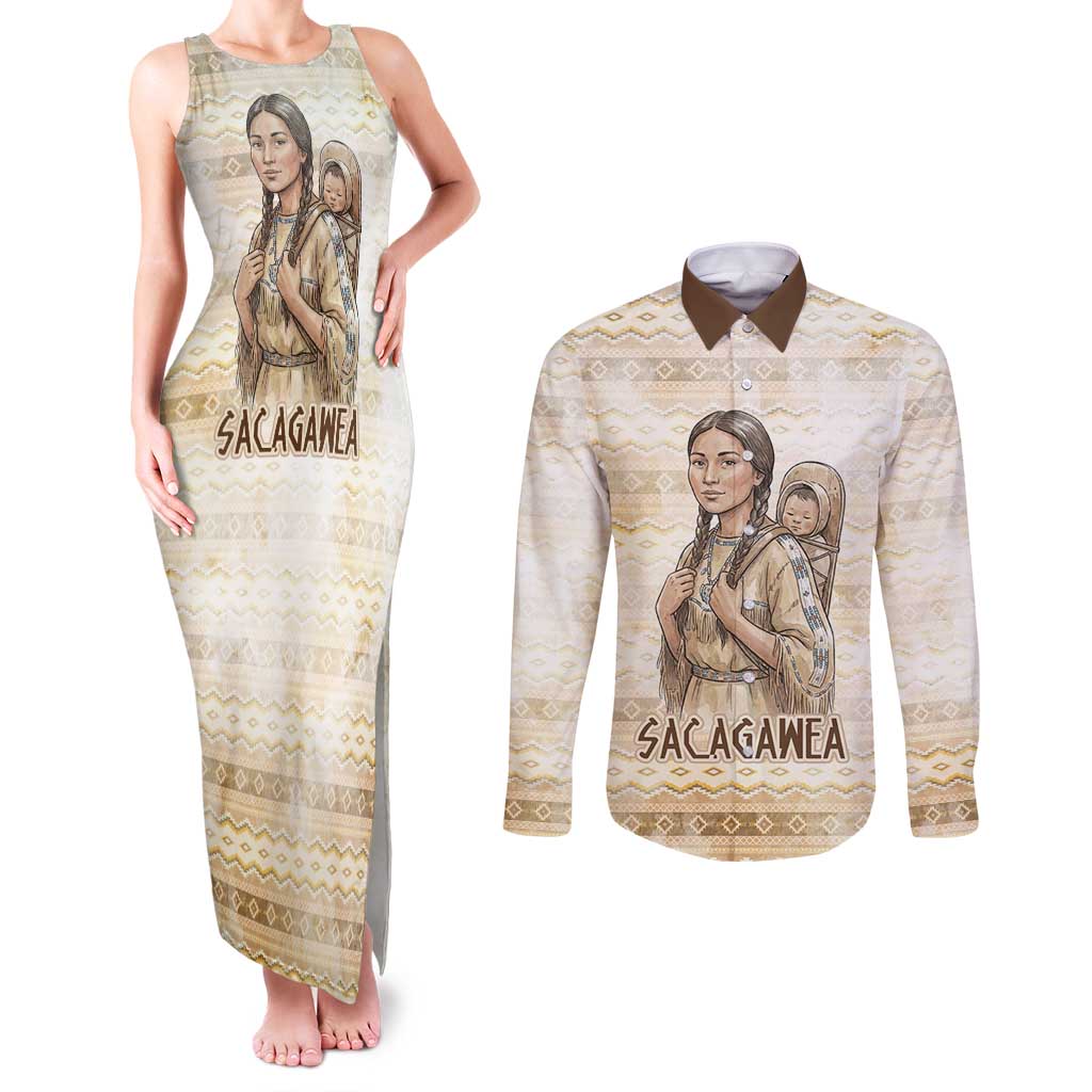 Sacagawea Native American Couples Matching Tank Maxi Dress and Long Sleeve Button Shirt River Journey Scene Inspirational Quote Lead with Your Heart - Wonder Print Shop