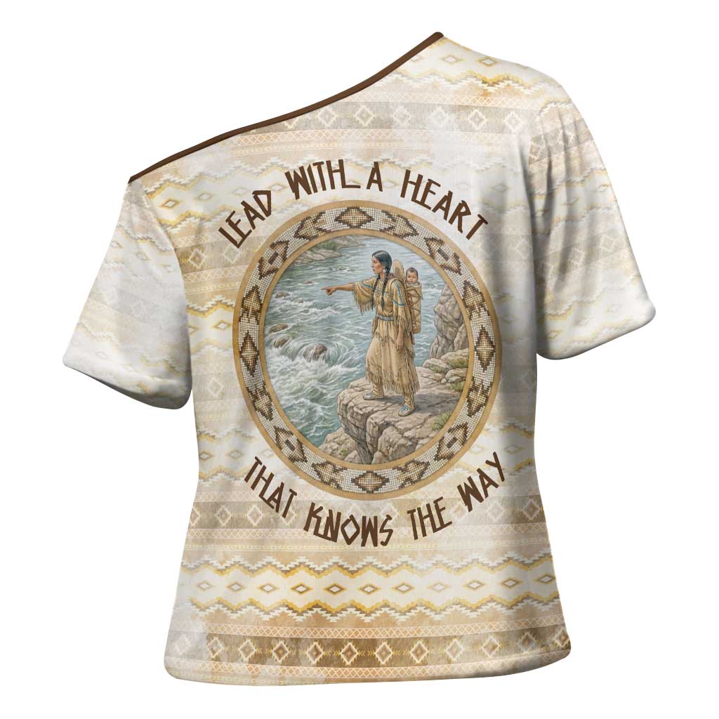 Sacagawea Native American Cross Shoulder Shirt River Journey Scene Inspirational Quote Lead with Your Heart - Wonder Print Shop