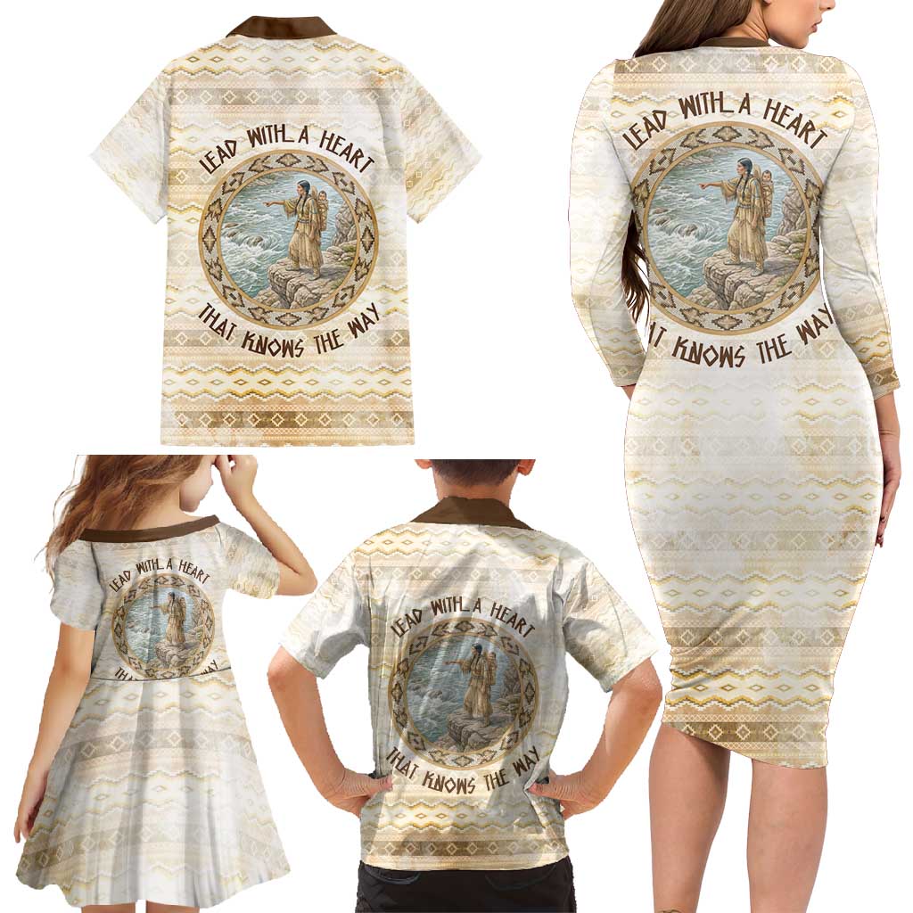 Sacagawea Native American Family Matching Long Sleeve Bodycon Dress and Hawaiian Shirt River Journey Scene Inspirational Quote Lead with Your Heart - Wonder Print Shop