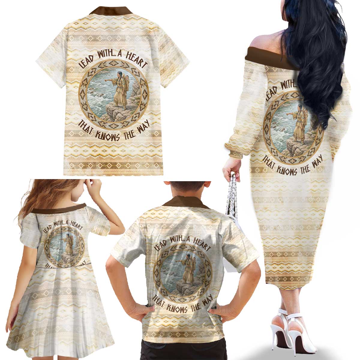 Sacagawea Native American Family Matching Off The Shoulder Long Sleeve Dress and Hawaiian Shirt River Journey Scene Inspirational Quote Lead with Your Heart - Wonder Print Shop