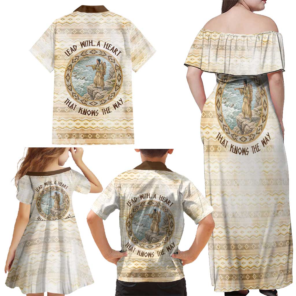 Sacagawea Native American Family Matching Off Shoulder Maxi Dress and Hawaiian Shirt River Journey Scene Inspirational Quote Lead with Your Heart - Wonder Print Shop