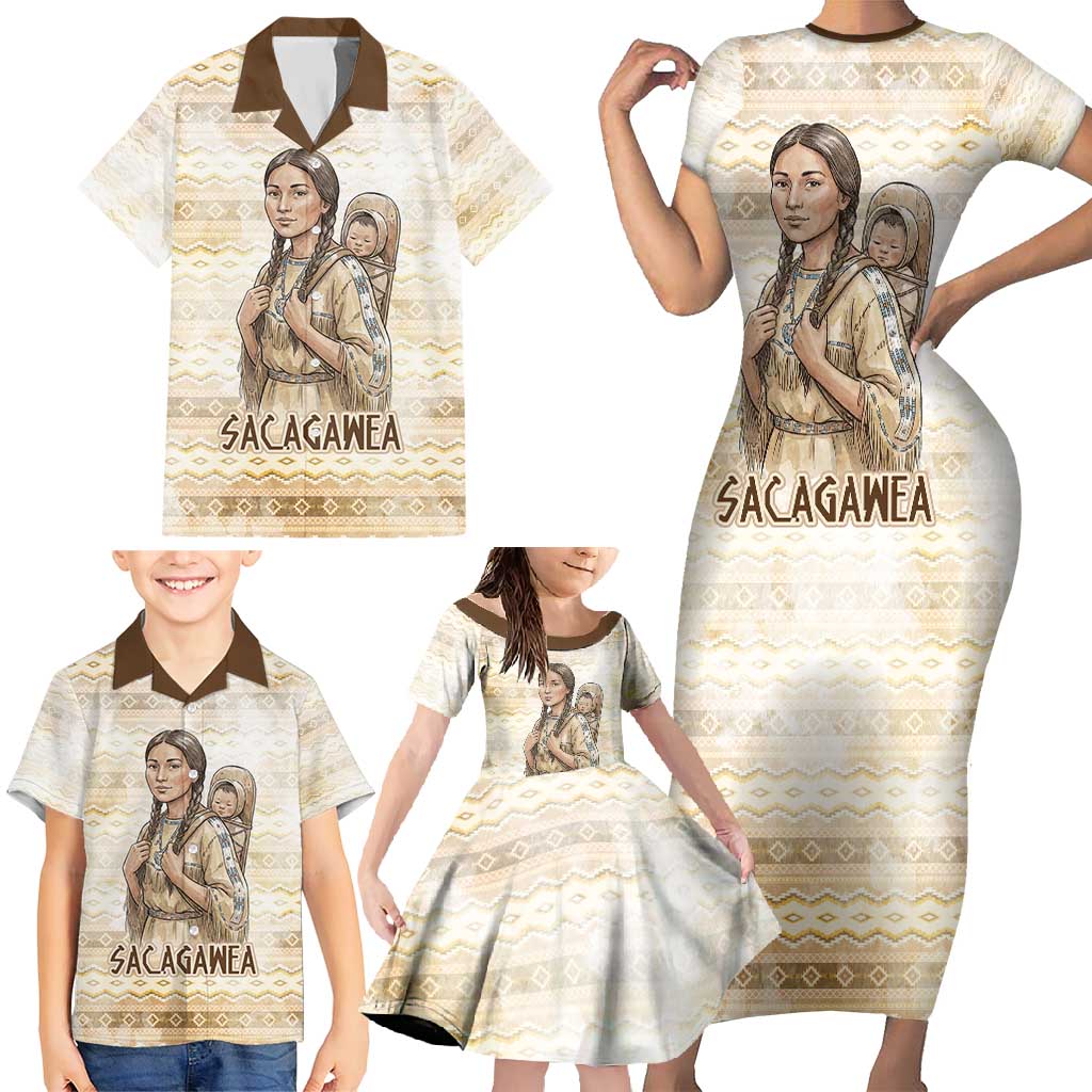 Sacagawea Native American Family Matching Short Sleeve Bodycon Dress and Hawaiian Shirt River Journey Scene Inspirational Quote Lead with Your Heart - Wonder Print Shop