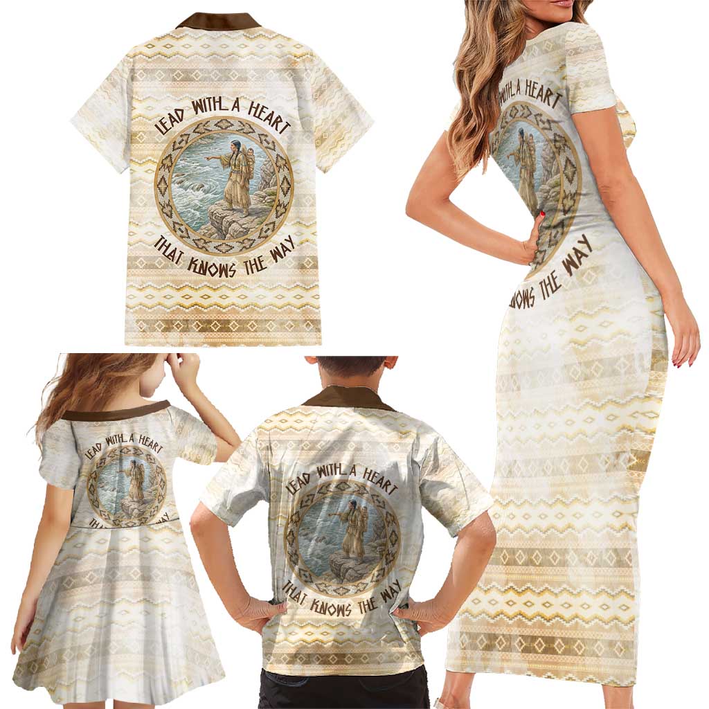 Sacagawea Native American Family Matching Short Sleeve Bodycon Dress and Hawaiian Shirt River Journey Scene Inspirational Quote Lead with Your Heart - Wonder Print Shop