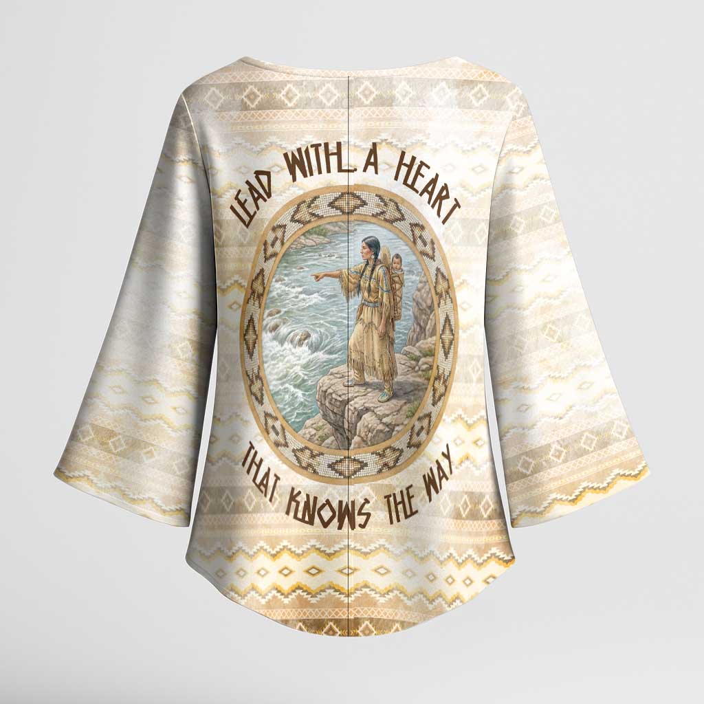 Sacagawea Native American Kimono Sleeve Blouse River Journey Scene Inspirational Quote Lead with Your Heart - Wonder Print Shop