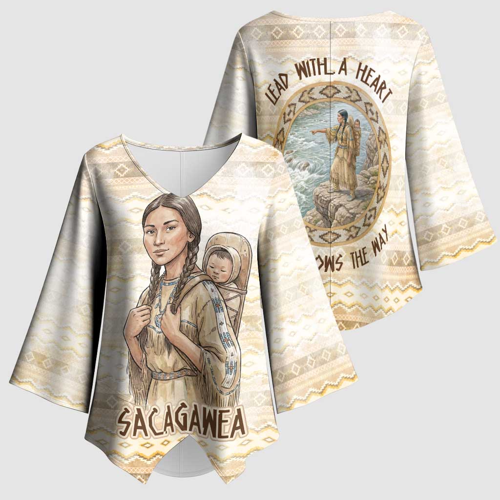 Sacagawea Native American Kimono Sleeve Blouse River Journey Scene Inspirational Quote Lead with Your Heart - Wonder Print Shop