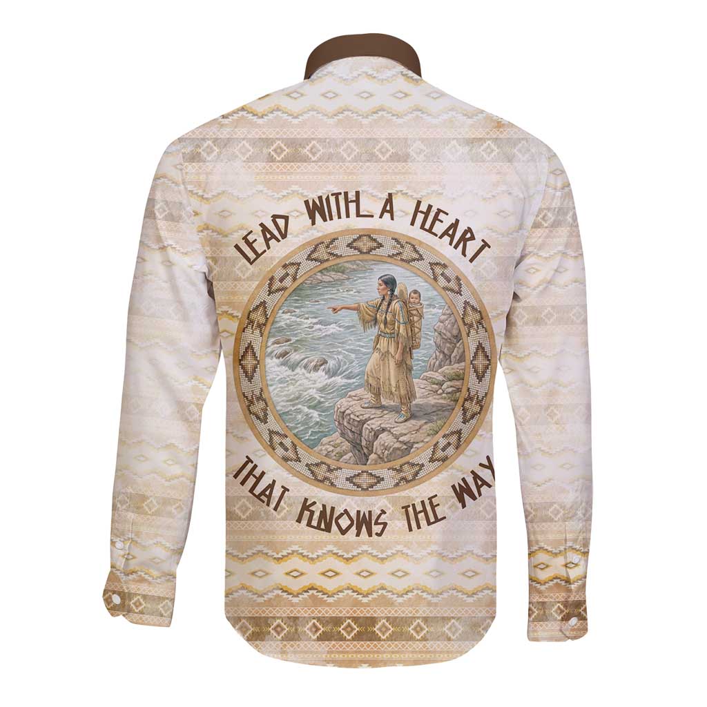 Sacagawea Native American Long Sleeve Button Shirt River Journey Scene Inspirational Quote Lead with Your Heart - Wonder Print Shop