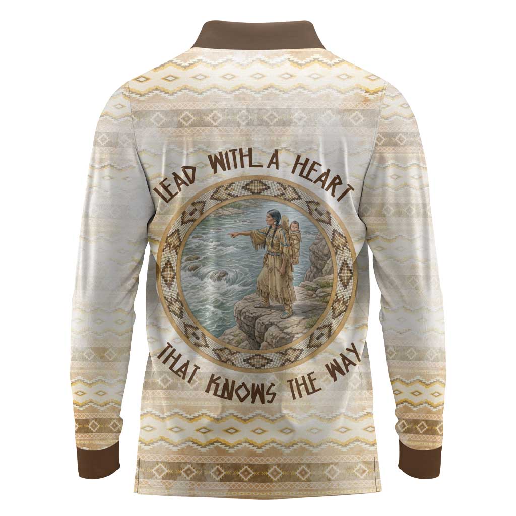 Sacagawea Native American Long Sleeve Polo Shirt River Journey Scene Inspirational Quote Lead with Your Heart - Wonder Print Shop