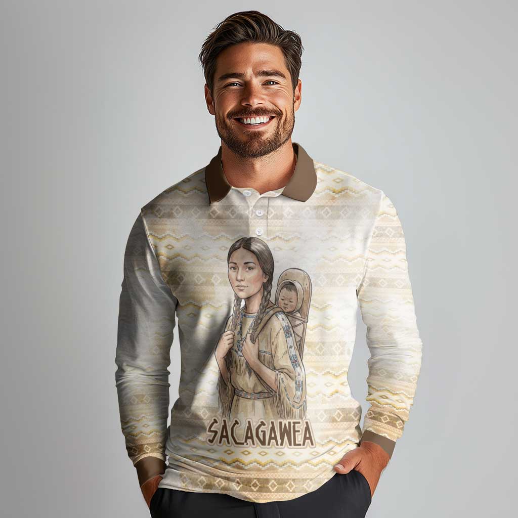 Sacagawea Native American Long Sleeve Polo Shirt River Journey Scene Inspirational Quote Lead with Your Heart - Wonder Print Shop