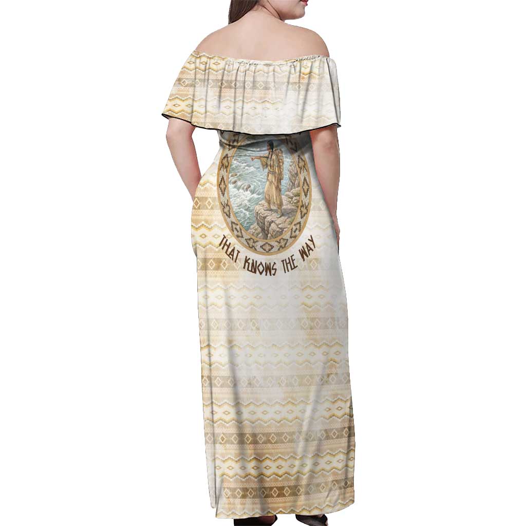 Sacagawea Native American Off Shoulder Maxi Dress River Journey Scene Inspirational Quote Lead with Your Heart - Wonder Print Shop