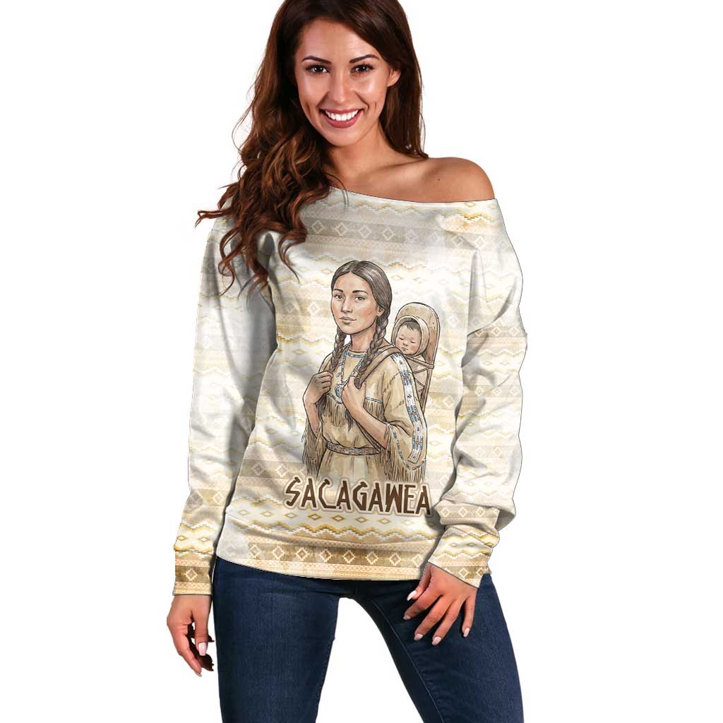 Sacagawea Native American Off Shoulder Sweater River Journey Scene Inspirational Quote Lead with Your Heart - Wonder Print Shop