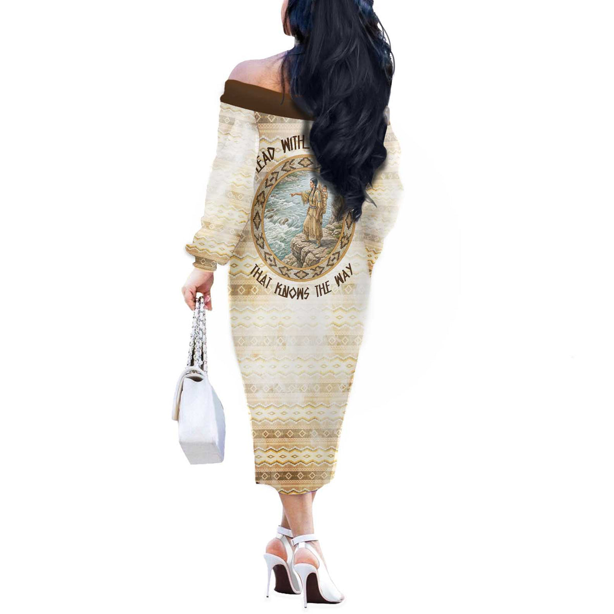 Sacagawea Native American Off The Shoulder Long Sleeve Dress River Journey Scene Inspirational Quote Lead with Your Heart - Wonder Print Shop