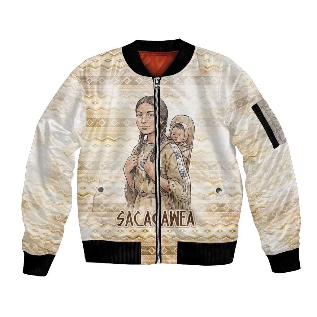 Sacagawea Native American Sleeve Zip Bomber Jacket River Journey Scene Inspirational Quote Lead with Your Heart - Wonder Print Shop