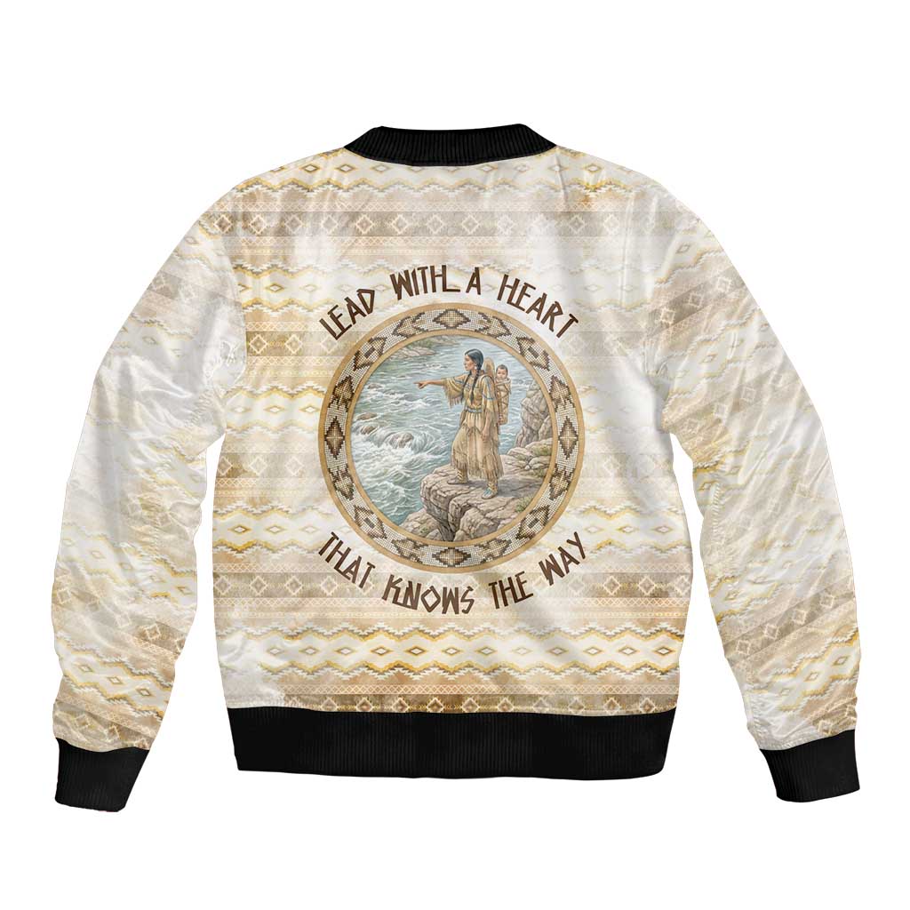 Sacagawea Native American Sleeve Zip Bomber Jacket River Journey Scene Inspirational Quote Lead with Your Heart - Wonder Print Shop