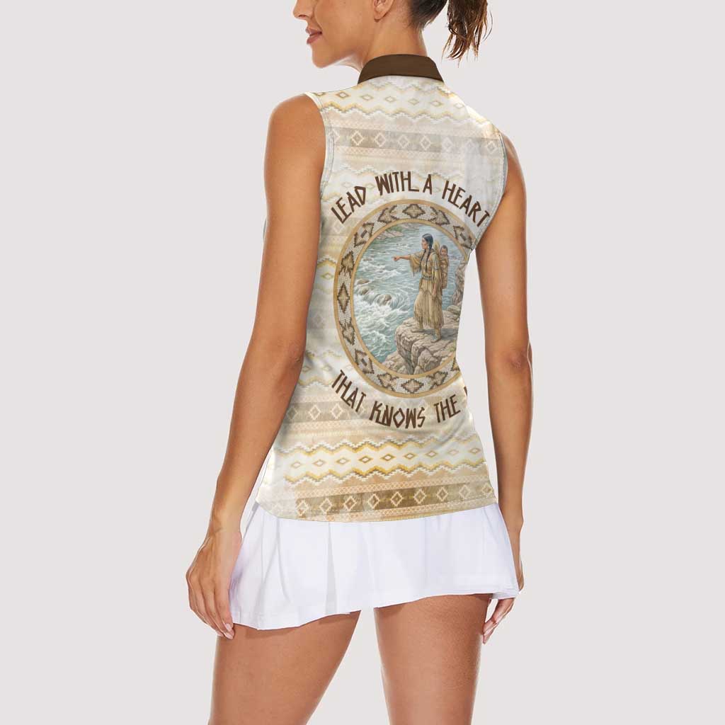 Sacagawea Native American Women Sleeveless Polo Shirt River Journey Scene Inspirational Quote Lead with Your Heart - Wonder Print Shop
