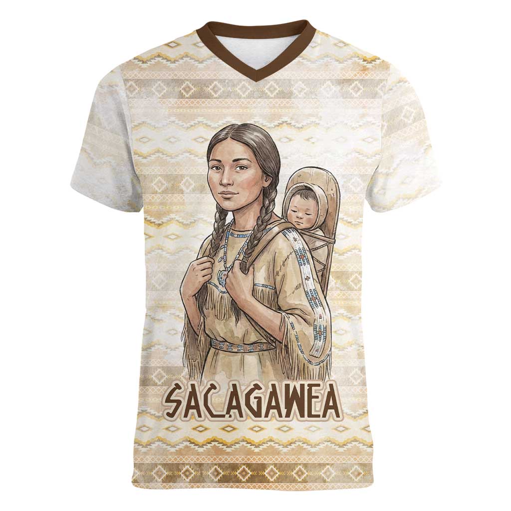 Sacagawea Native American Women V-Neck T-Shirt River Journey Scene Inspirational Quote Lead with Your Heart - Wonder Print Shop
