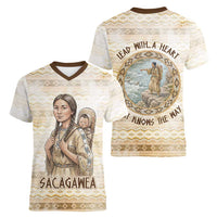 Sacagawea Native American Women V-Neck T-Shirt River Journey Scene Inspirational Quote Lead with Your Heart - Wonder Print Shop