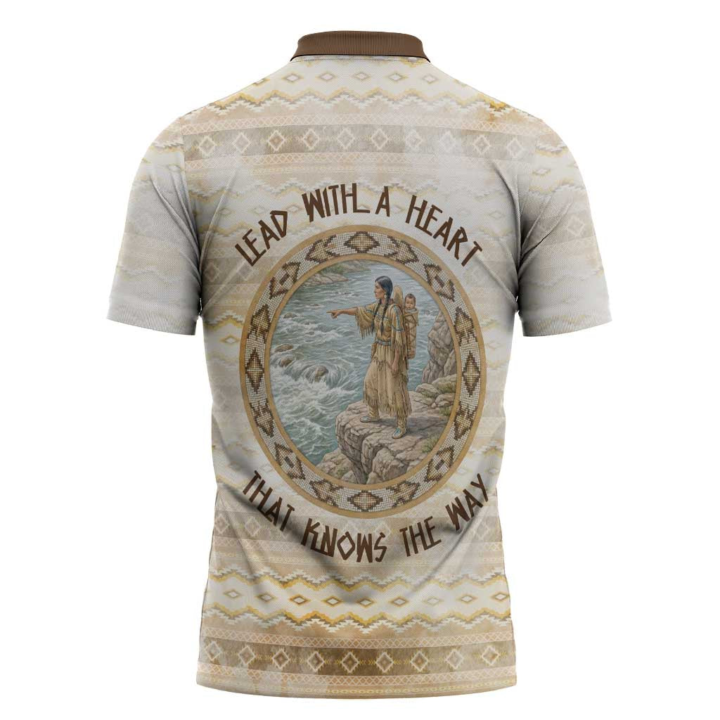 Sacagawea Native American Zipper Polo Shirt River Journey Scene Inspirational Quote Lead with Your Heart - Wonder Print Shop
