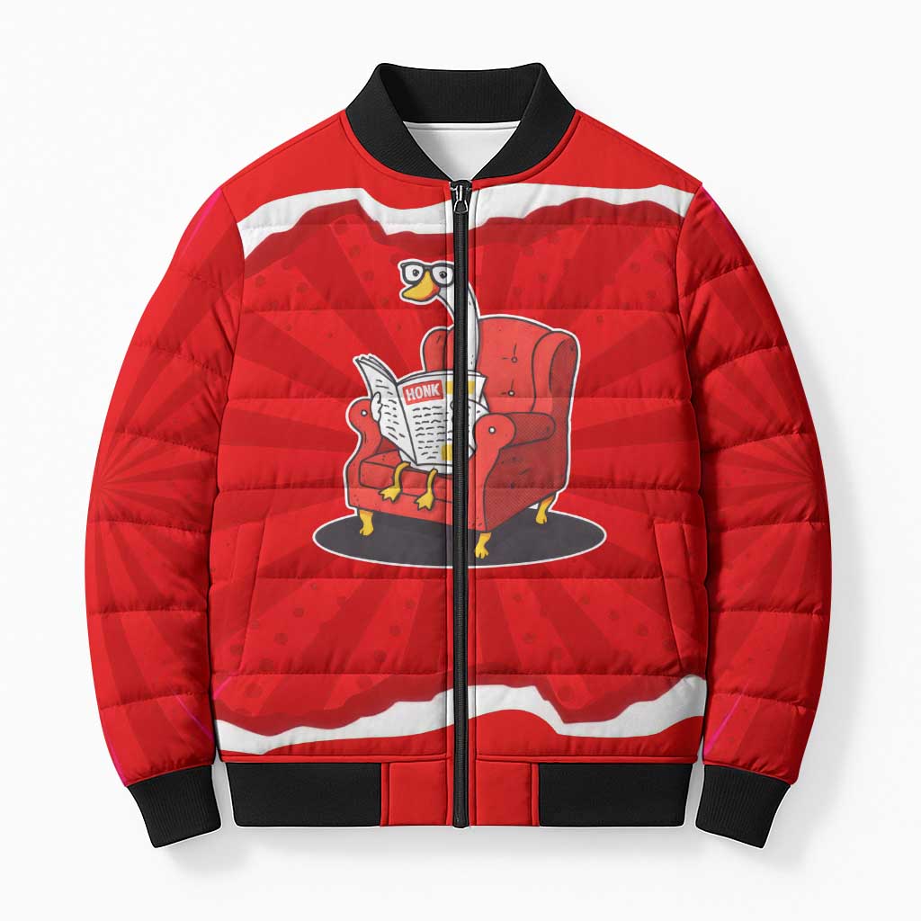 Silly Goose Bomber Puffer Jacket with Newspaper and Armchair Pattern