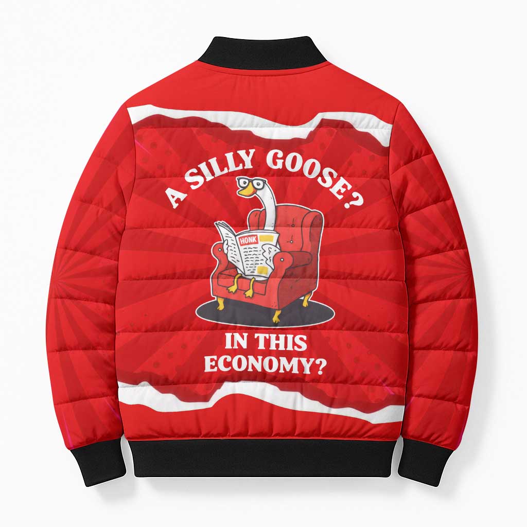 Silly Goose Bomber Puffer Jacket with Newspaper and Armchair Pattern