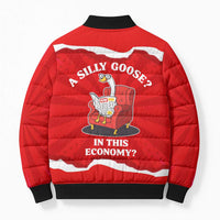 Silly Goose Bomber Puffer Jacket with Newspaper and Armchair Pattern
