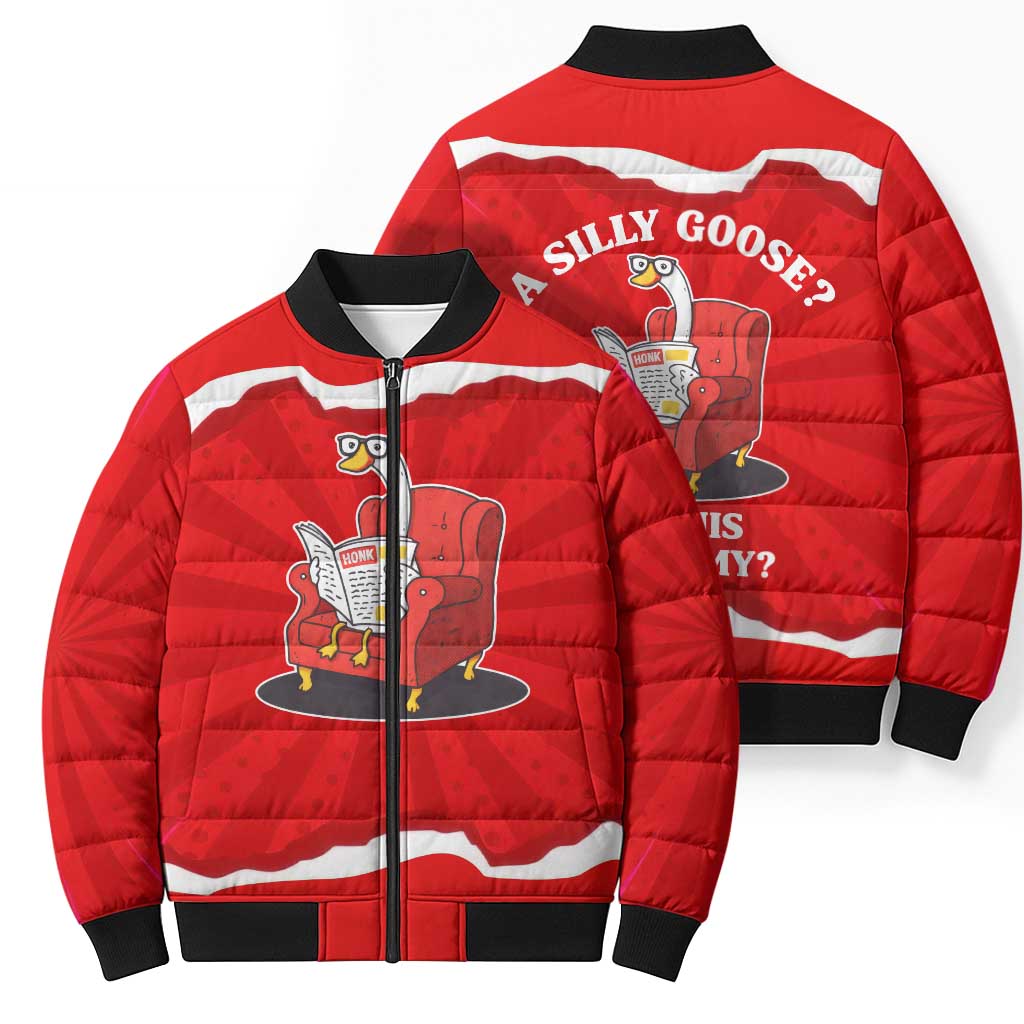 Silly Goose Bomber Puffer Jacket with Newspaper and Armchair Pattern