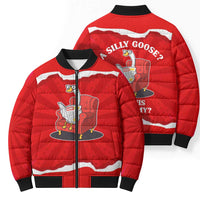 Silly Goose Bomber Puffer Jacket with Newspaper and Armchair Pattern