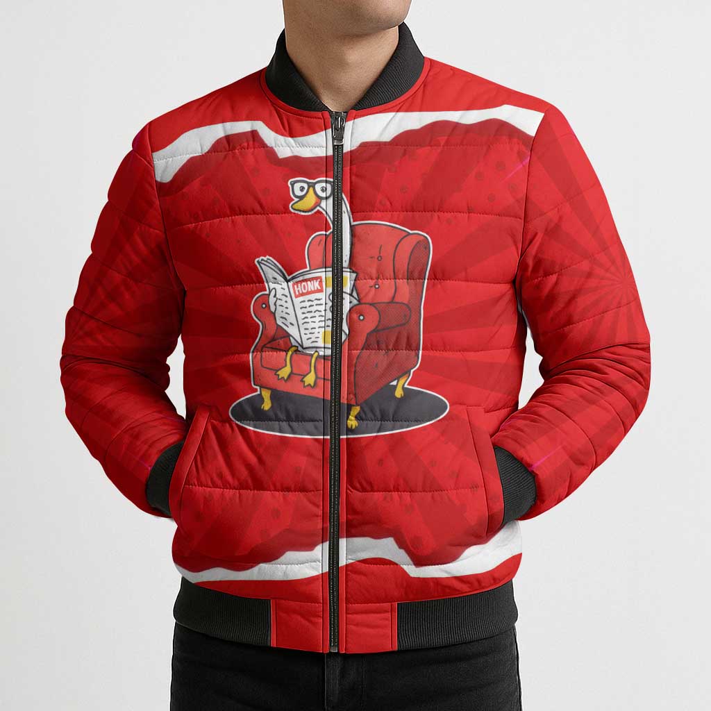 Silly Goose Bomber Puffer Jacket with Newspaper and Armchair Pattern