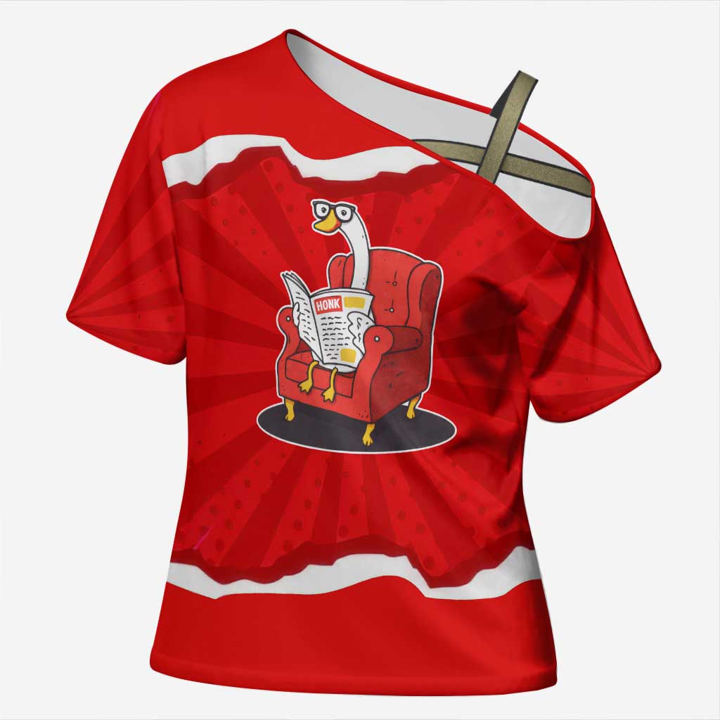 Silly Goose Cross Shoulder Shirt with Newspaper and Armchair Pattern