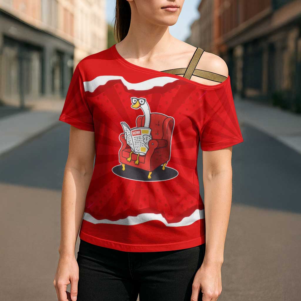 Silly Goose Cross Shoulder Shirt with Newspaper and Armchair Pattern