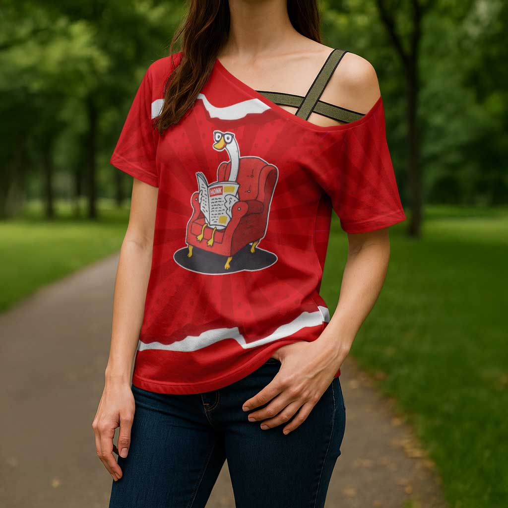 Silly Goose Cross Shoulder Shirt with Newspaper and Armchair Pattern