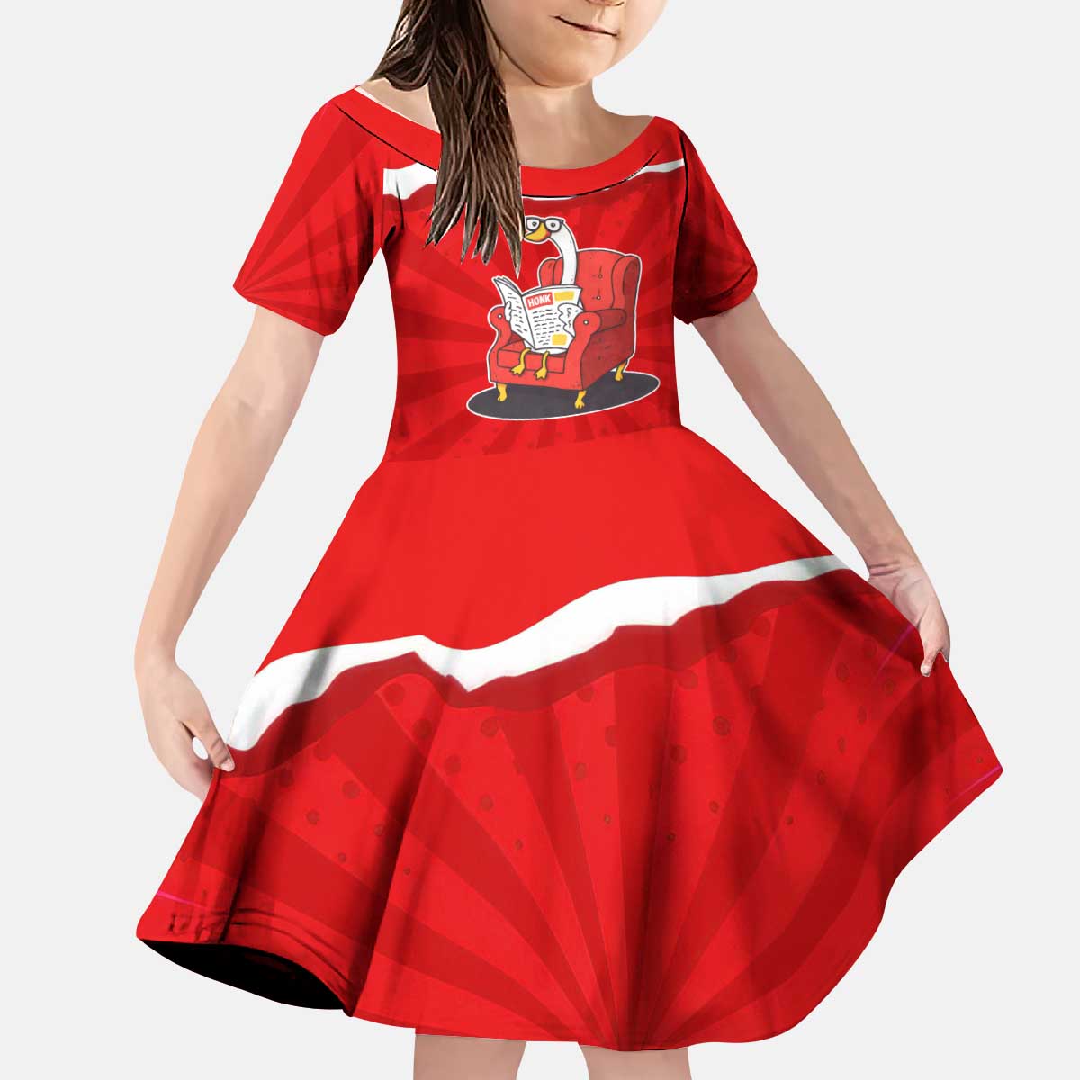Silly Goose Kid Short Sleeve Dress with Newspaper and Armchair Pattern