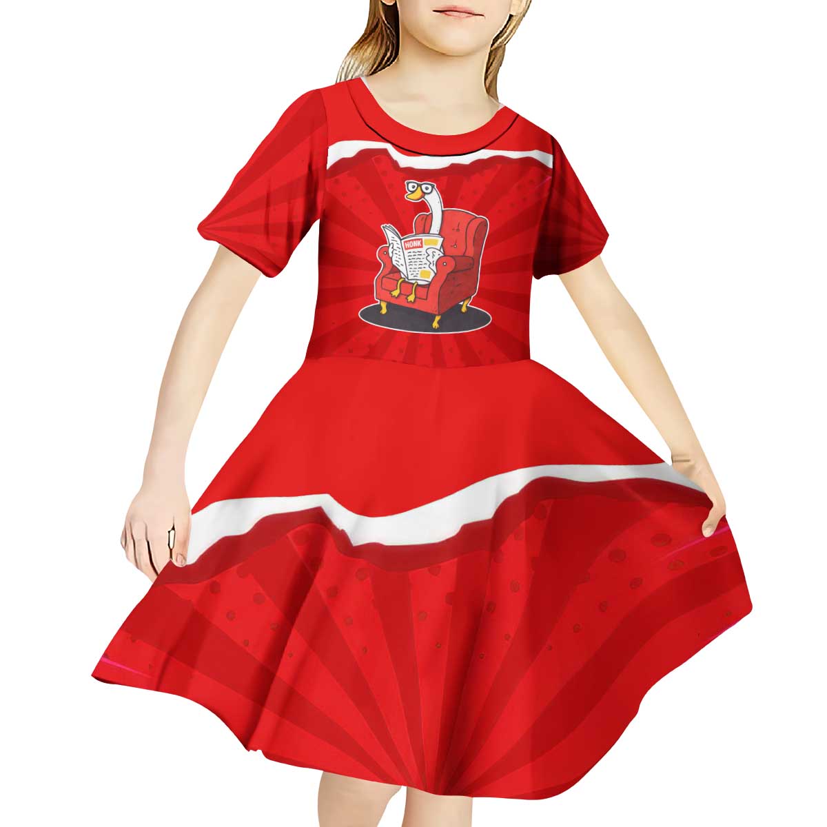 Silly Goose Kid Short Sleeve Dress with Newspaper and Armchair Pattern